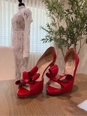 Valentino Red Patent Leather Peep-Toe Bow Heels
